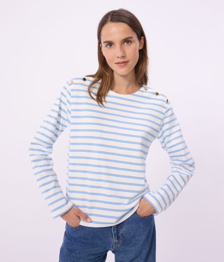Petit Bateau Breton Stripe Top with Shoulder Buttons - White/Blue, photo 1 of 6
