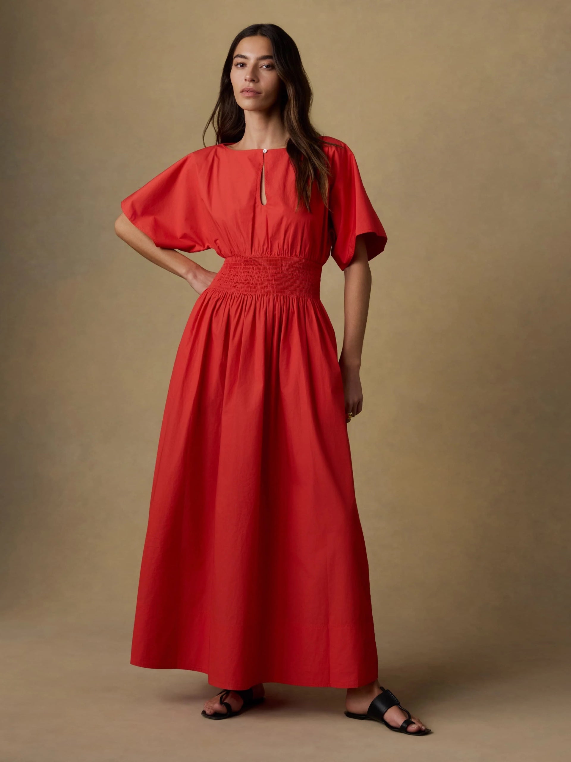 Faherty Coastal Poplin Elia Smocked Dress - Poppy Red, photo 1 of 6