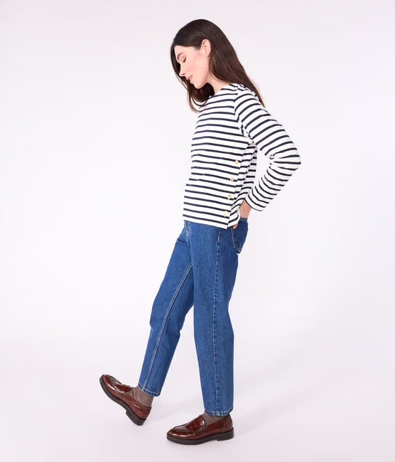 Petit Bateau Breton Stripe Side Button Top - White/Navy, photo 2 of 3