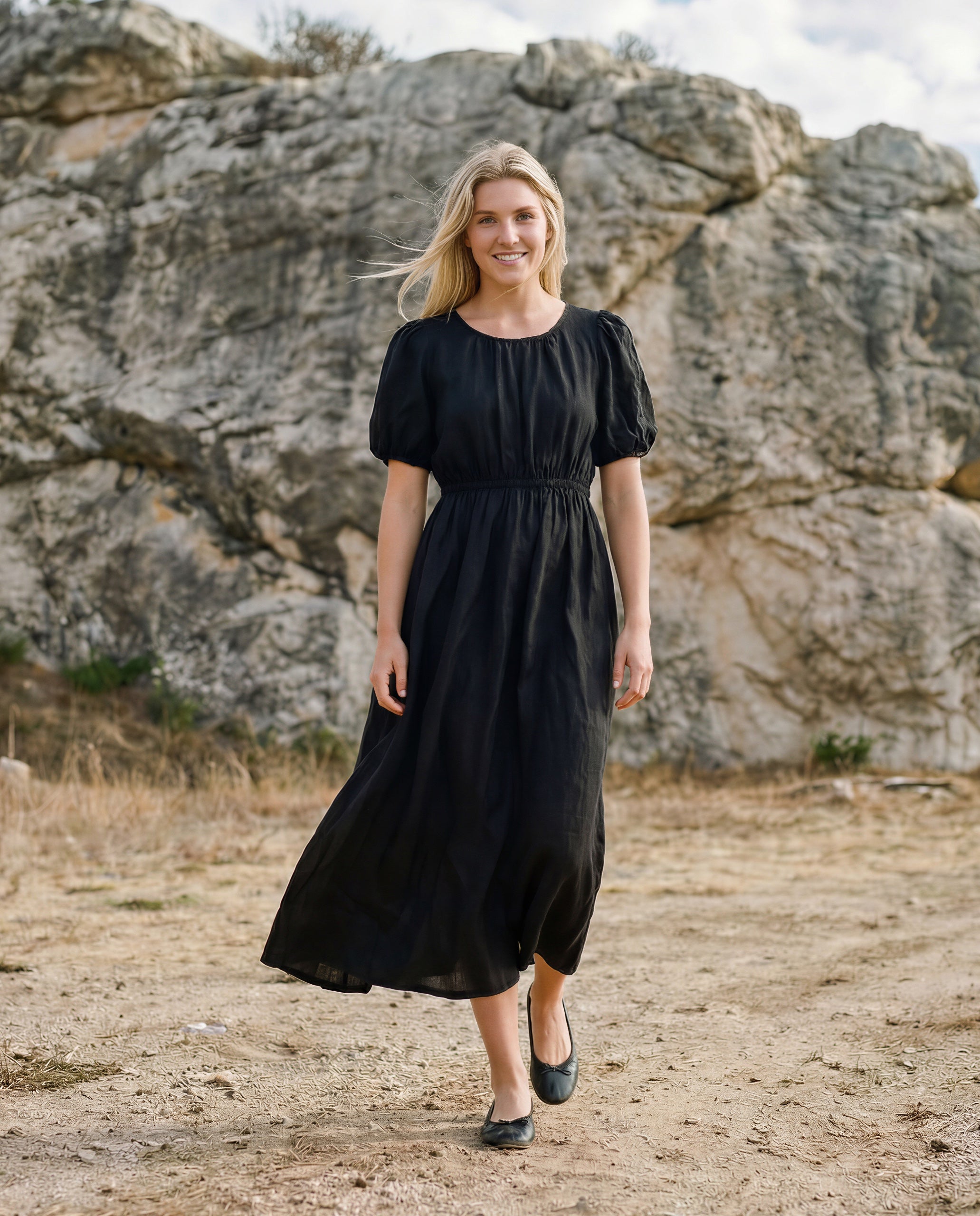 Sundry Pompeii Puff Sleeve Dress - Black, photo 1 of 2