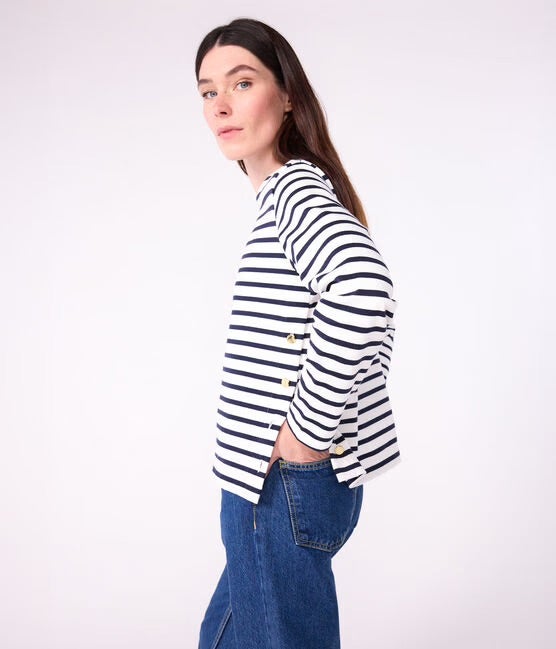 Petit Bateau Breton Stripe Side Button Top - White/Navy, photo 3 of 3