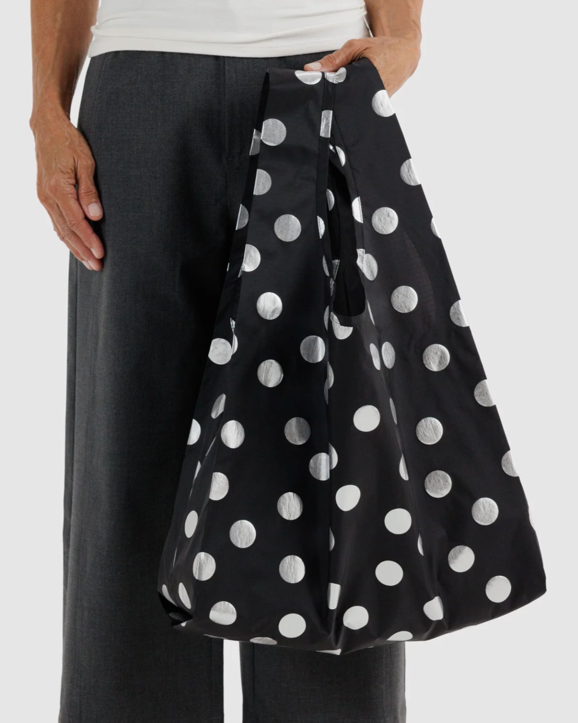 BAGGU Reusable Shopping Tote - Black with Silver Metallic Polka Dots, photo 2 of 3