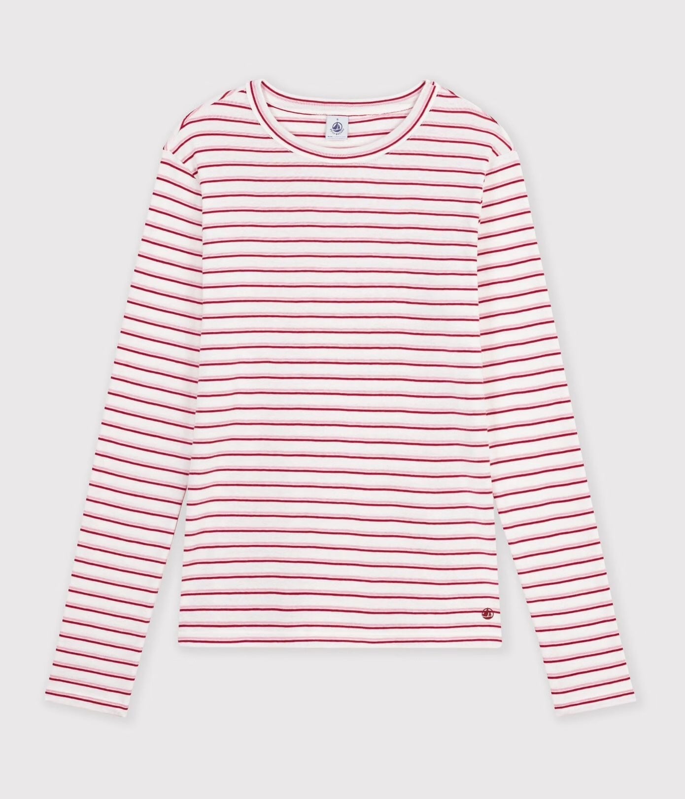 Petit Bateau Round Neck L/S Stripe Tee - White/Pink/Red, photo 1 of 3