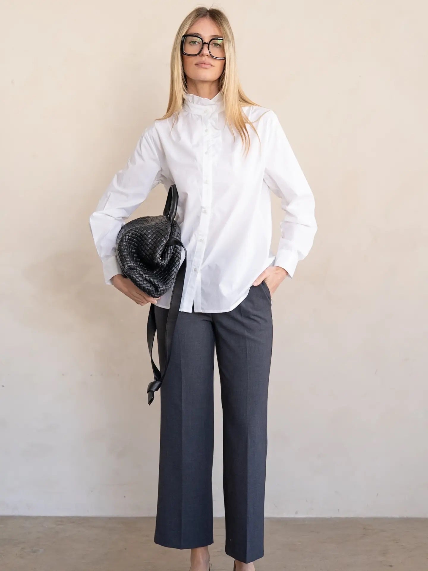 Elle Grey Ruffle Collar Blouse -White, photo 3 of 4