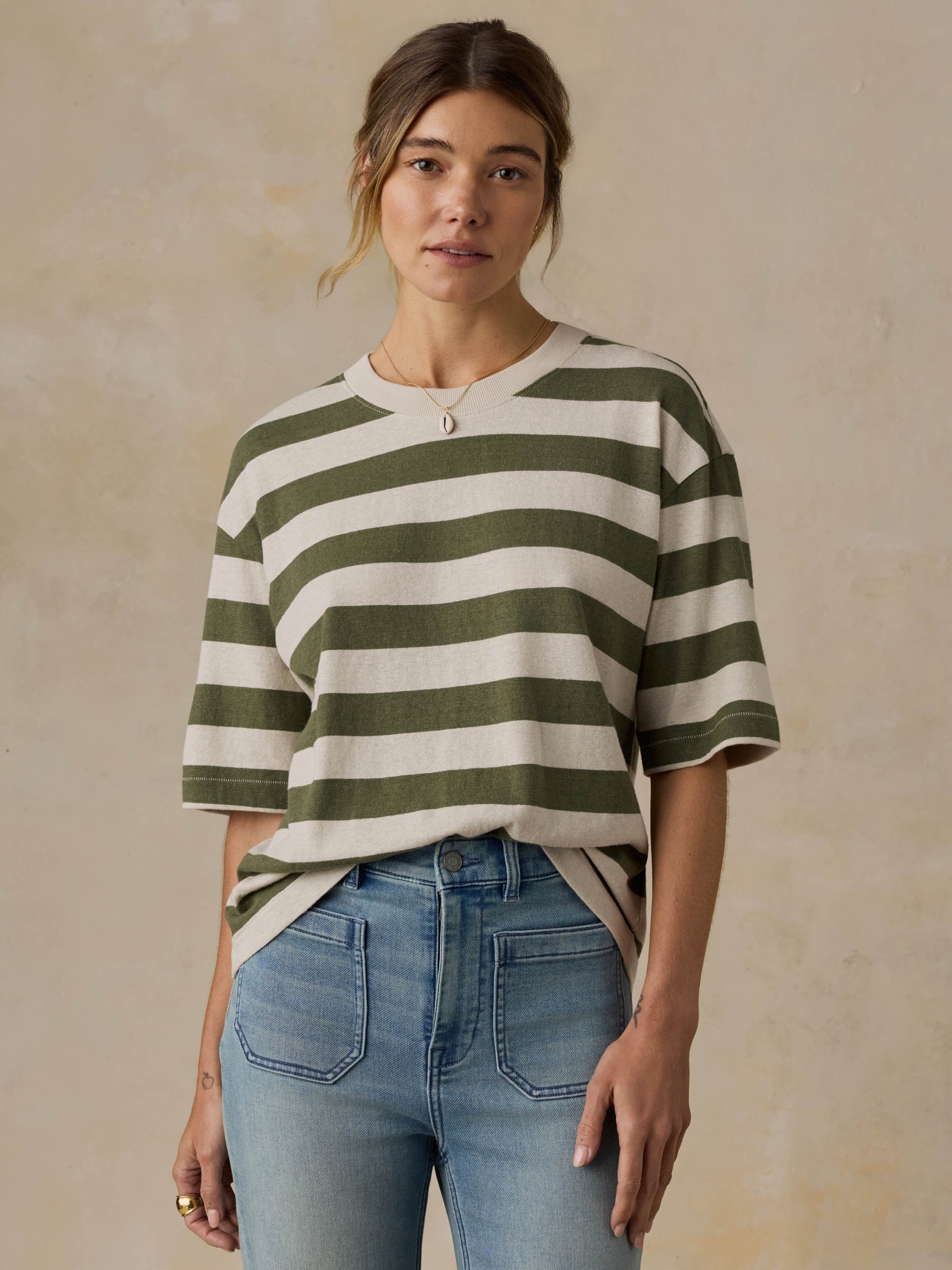 Faherty Hemp Blend Vintage Tee - Olive Stripe, photo 1 of 5
