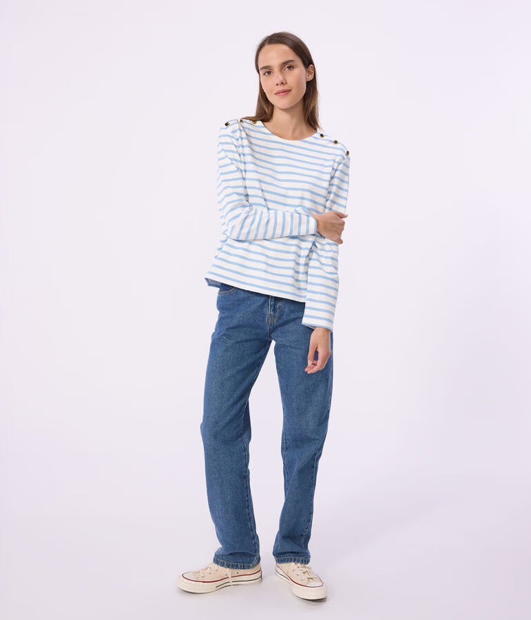 Petit Bateau Breton Stripe Top with Shoulder Buttons - White/Blue, photo 6 of 6