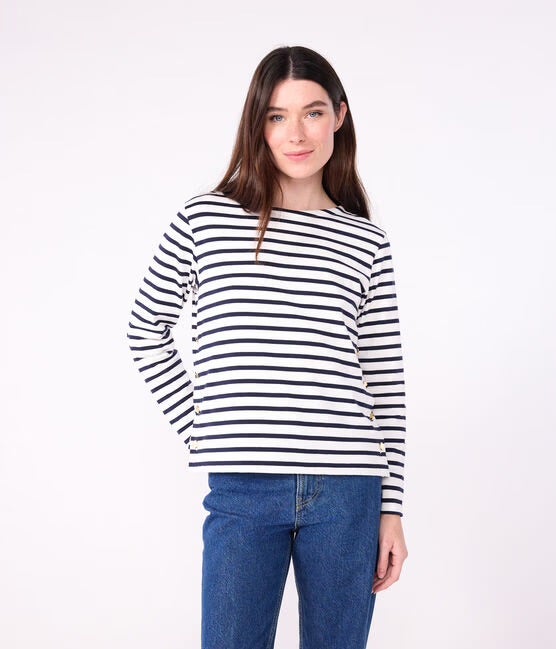 Petit Bateau Breton Stripe Side Button Top - White/Navy, photo 1 of 3