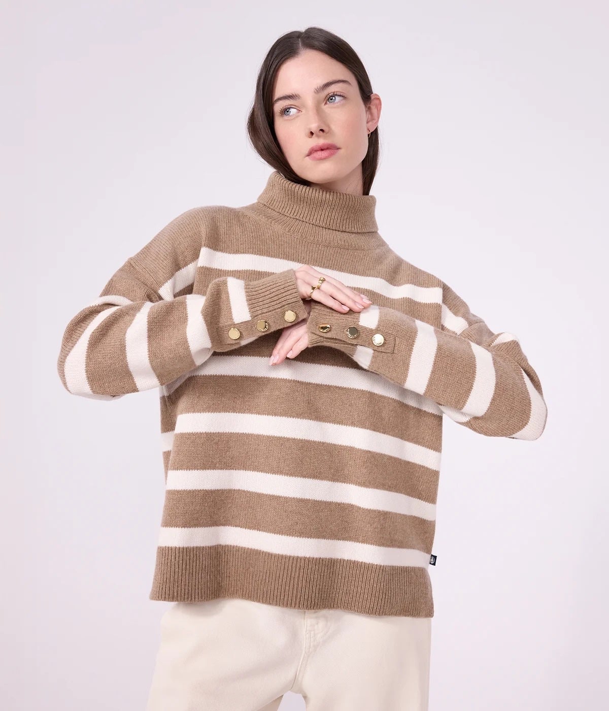 Petit Bateau Striped Turtleneck Sweater - Khaki/Cream, photo 1 of 6