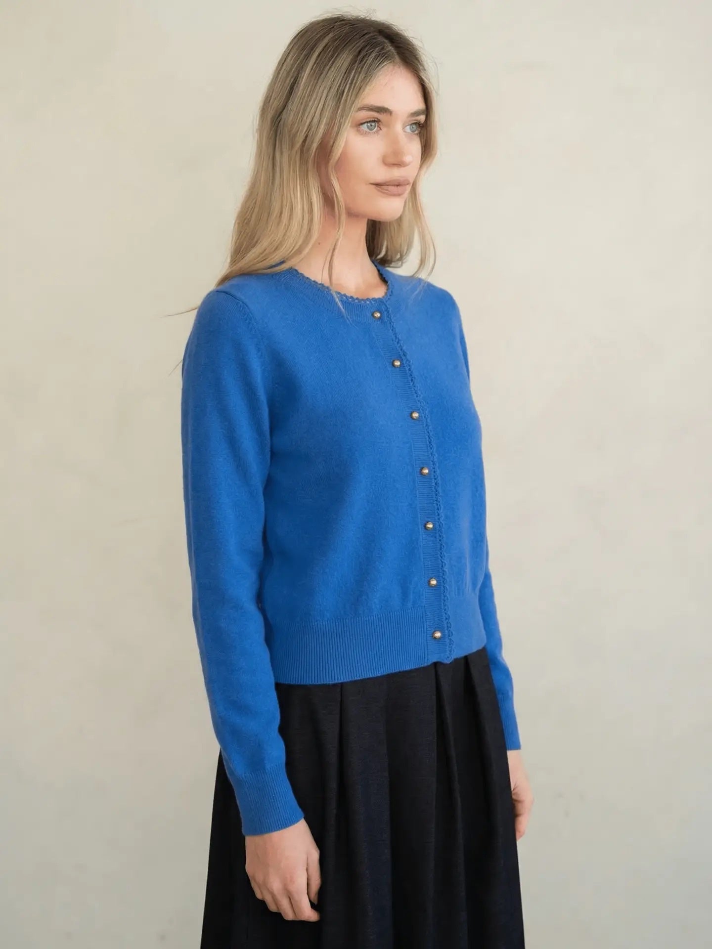 Elle Grey Scalloped Trim Knit Cardigan - Royal Blue, photo 1 of 2