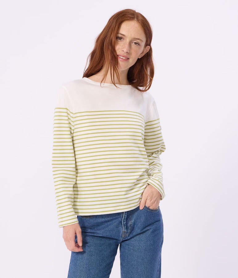 Petit Bateau Breton Stripe Top - White/Moss Green, photo 1 of 6