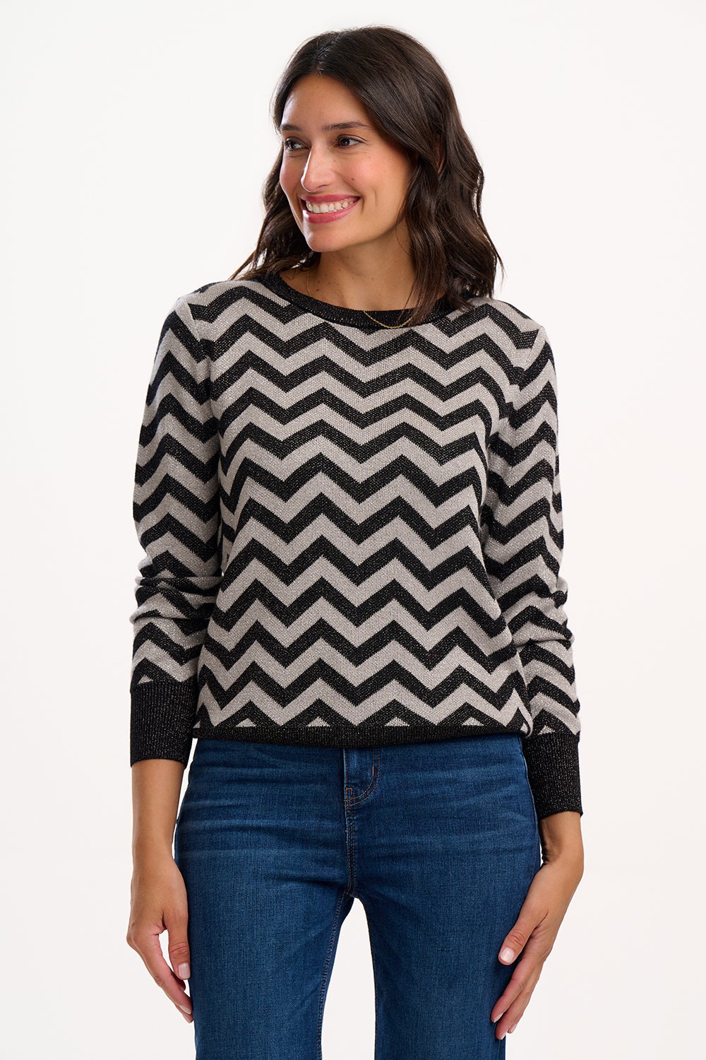 Sugarhill Brighton Rowena Sparkle Chevron Sweater - Black/Silver, photo 1 of 4
