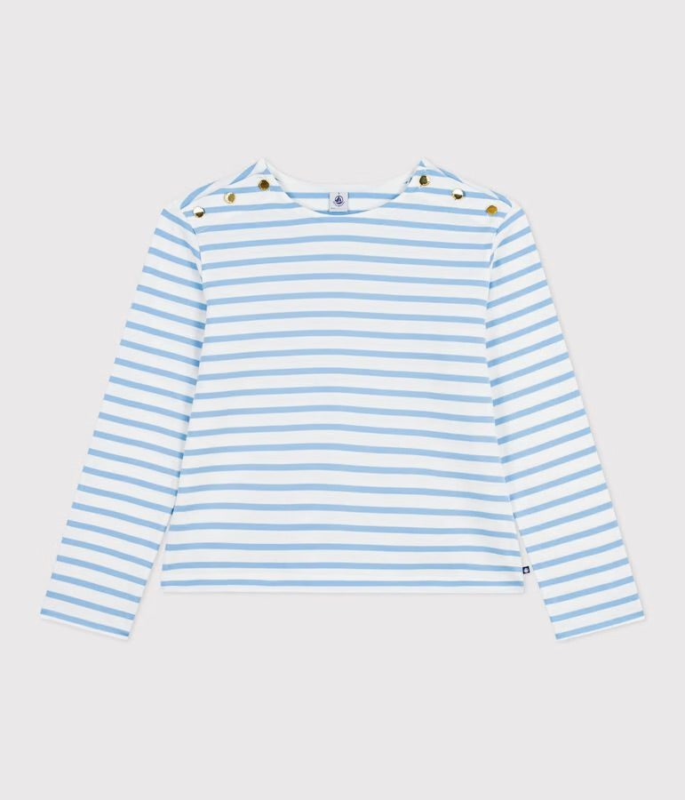 Petit Bateau Breton Stripe Top with Shoulder Buttons - White/Blue, photo 2 of 6